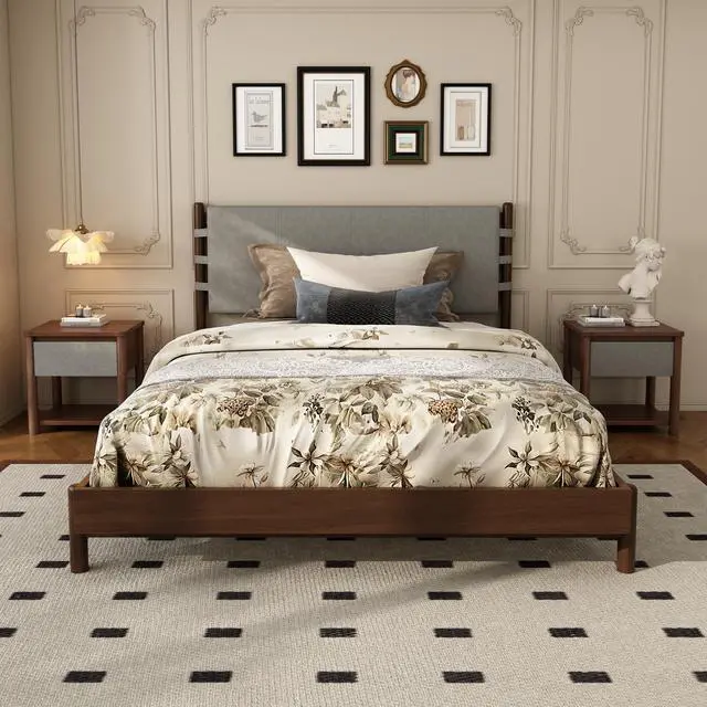 Alt view image 5 of 7 - Modern Queen Bed Frame Set With 2 Nightstands, Light Gray Wood Platform Bed With Headboard And Matching Bedside Tables For Bedroom