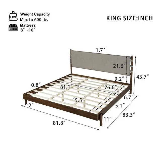 Alt view image 2 of 7 - Modern King Bed Frame Set With 2 Nightstands, Light Gray Wood Platform Bed With Headboard And Matching Bedside Tables For Bedroom