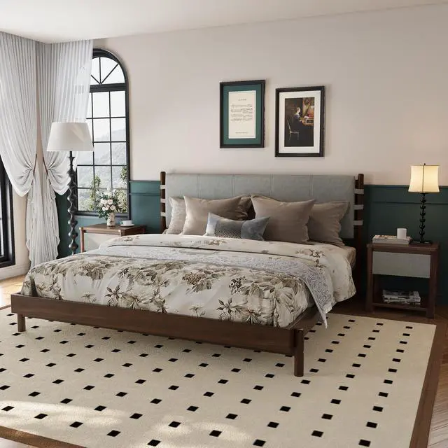 Main image of Modern King Bed Frame Set With 2 Nightstands, Light Gray Wood Platform Bed With Headboard And Matching Bedside Tables For Bedroom