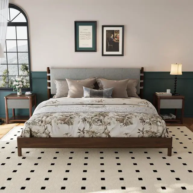 Alt view image 5 of 7 - Modern King Bed Frame Set With 2 Nightstands, Light Gray Wood Platform Bed With Headboard And Matching Bedside Tables For Bedroom