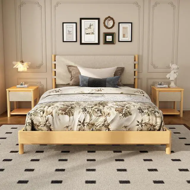Main image of Modern Queen Bed Frame Set With 2 Nightstands, Beige Wood Platform Bed With Headboard And Matching Bedside Tables For Bedroom