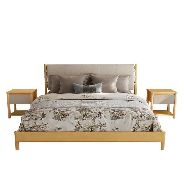 Alt view image 4 of 7 - Modern Queen Bed Frame Set With 2 Nightstands, Beige Wood Platform Bed With Headboard And Matching Bedside Tables For Bedroom