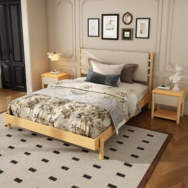Alt view image 5 of 7 - Modern Queen Bed Frame Set With 2 Nightstands, Beige Wood Platform Bed With Headboard And Matching Bedside Tables For Bedroom