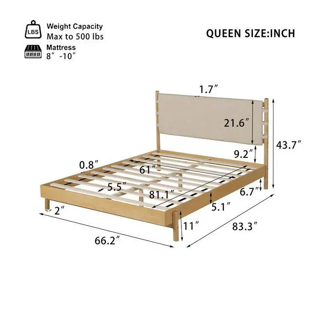 Alt view image 2 of 7 - Modern Queen Bed Frame Set With 2 Nightstands, Beige Wood Platform Bed With Headboard And Matching Bedside Tables For Bedroom