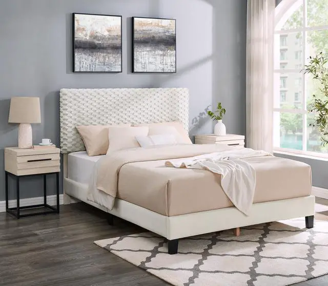 Alt view image 2 of 7 - Findlay 3-Piece Bedroom Set, Plush 3D Upholstered Bed with Two Nightstands, Full