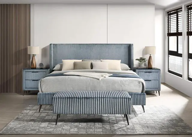 Alt view image 2 of 7 - Mavela Wide Wale Corduroy Upholstery Panel King Bed with 2 Nightstands and Bench, Blue