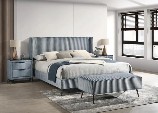 Main image of Mavela Wide Wale Corduroy Upholstery Panel King Bed with 2 Nightstands and Bench, Blue