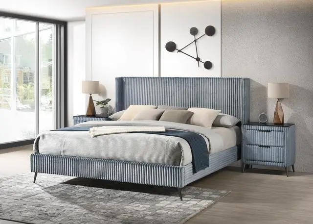 Alt view image 3 of 7 - Mavela Wide Wale Corduroy Upholstery Panel King Bed with 2 Nightstands and Bench, Blue
