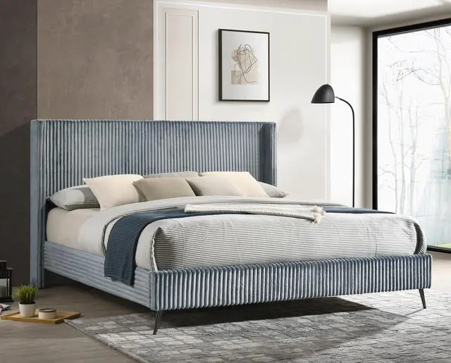 Alt view image 4 of 7 - Mavela Wide Wale Corduroy Upholstery Panel King Bed with 2 Nightstands and Bench, Blue