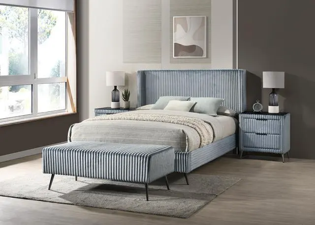 Main image of Mavela Wide Wale Corduroy Upholstery Panel Queen Bed with 2 Nightstands and Bench, Blue