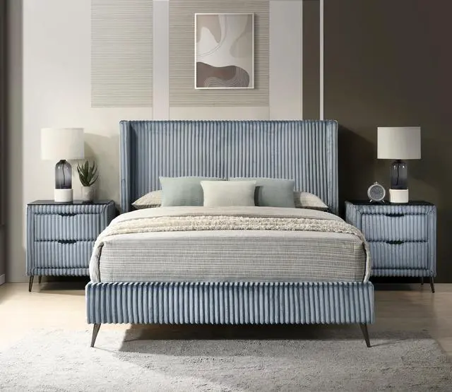 Alt view image 4 of 7 - Mavela Wide Wale Corduroy Upholstery Panel Queen Bed with 2 Nightstands and Bench, Blue