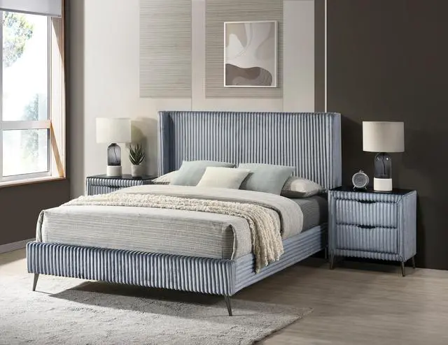 Alt view image 3 of 7 - Mavela Wide Wale Corduroy Upholstery Panel Queen Bed with 2 Nightstands and Bench, Blue