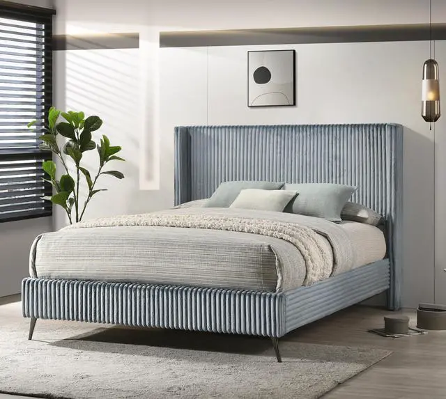 Alt view image 5 of 7 - Mavela Wide Wale Corduroy Upholstery Panel Queen Bed with 2 Nightstands and Bench, Blue
