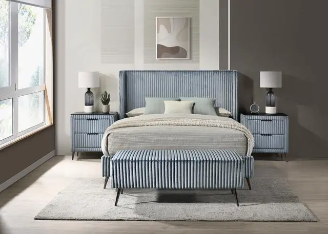 Alt view image 2 of 7 - Mavela Wide Wale Corduroy Upholstery Panel Queen Bed with 2 Nightstands and Bench, Blue