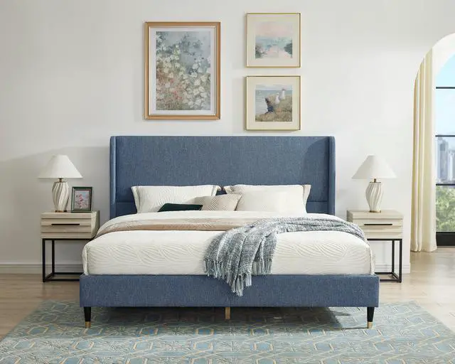 Main image of Arles 3-Piece Upholstered Bedroom Set, Wingback Platform Bed with Two Nightstands