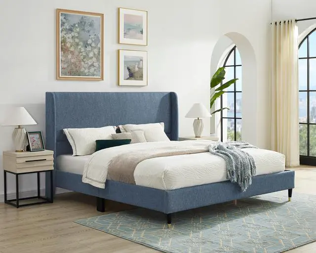 Alt view image 2 of 7 - Arles 3-Piece Upholstered Bedroom Set, Wingback Platform Bed with Two Nightstands