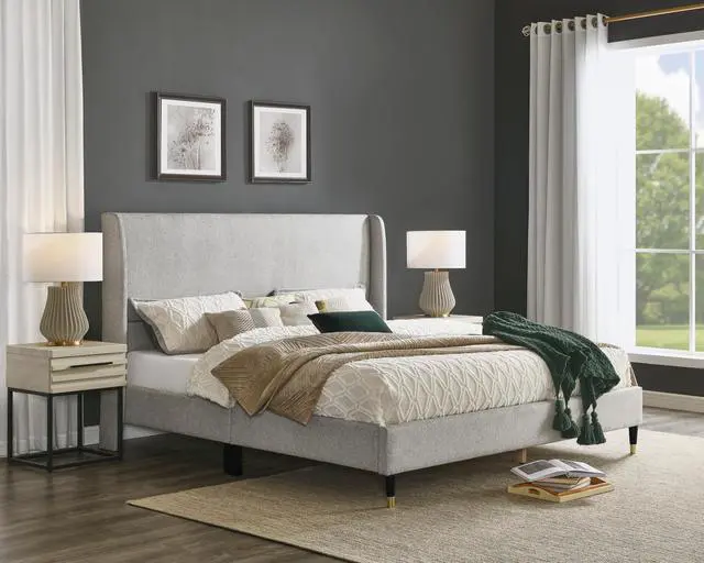 Main image of Arles 3-Piece Upholstered Bedroom Set, Wingback Platform Bed with Two Nightstands