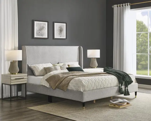 Alt view image 2 of 7 - Arles 3-Piece Upholstered Bedroom Set, Wingback Platform Bed with Two Nightstands