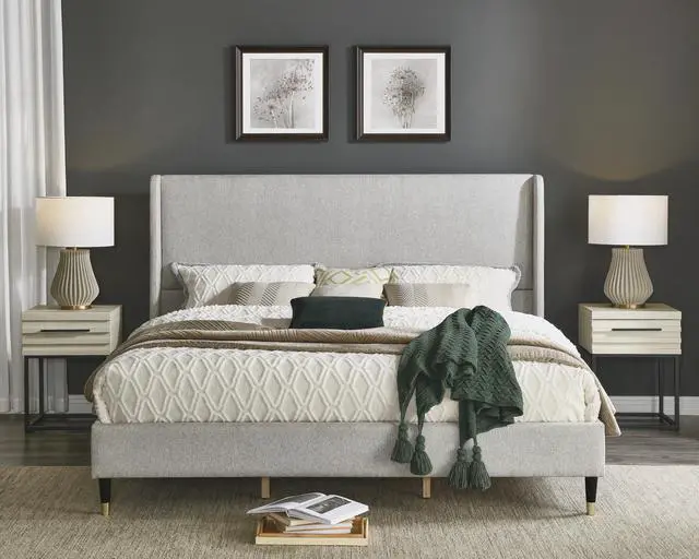 Main image of Arles 3-Piece Upholstered Bedroom Set, Wingback Platform Bed with Two Nightstands