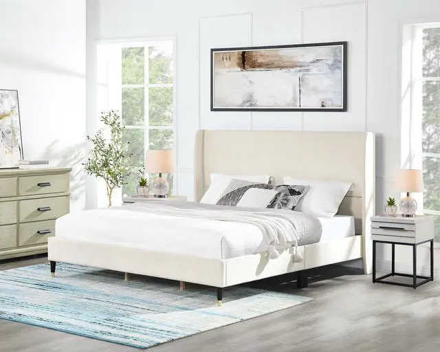 Main image of Arles 3-Piece Upholstered Bedroom Set, Wingback Platform Bed with Two Nightstands