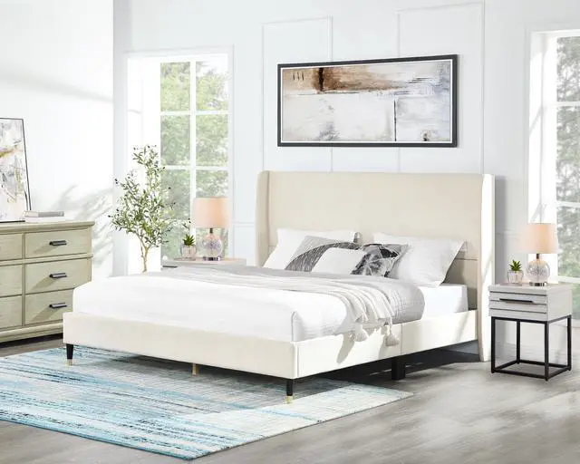 Main image of Arles 3-Piece Upholstered Bedroom Set, Wingback Platform Bed with Two Nightstands