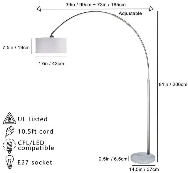 Alt view image 4 of 4 - 81"H White Single Arch with Marble Base Floor Lamp (1Pc/Ctn) (2.75/46.20)