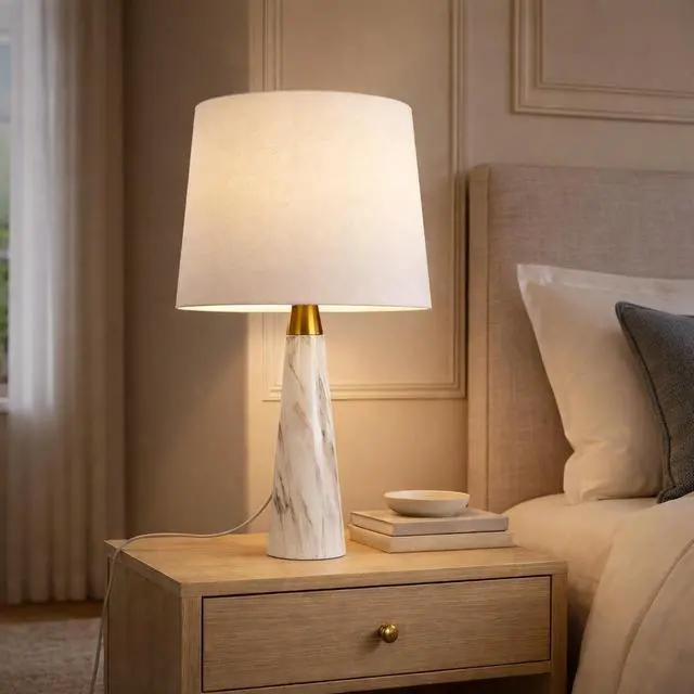 Main image of Enclave Hydro White Table Lamp with on/Off Switch Faux Marble Base Fabric Shade