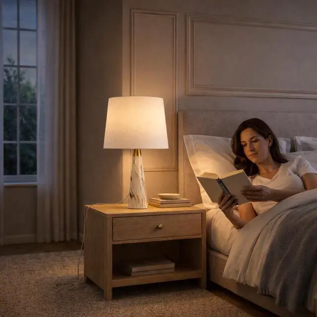 Alt view image 3 of 7 - Enclave Hydro White Table Lamp with on/Off Switch Faux Marble Base Fabric Shade