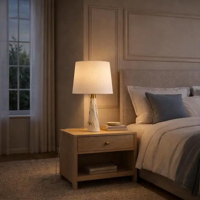 Alt view image 2 of 7 - Enclave Hydro White Table Lamp with on/Off Switch Faux Marble Base Fabric Shade