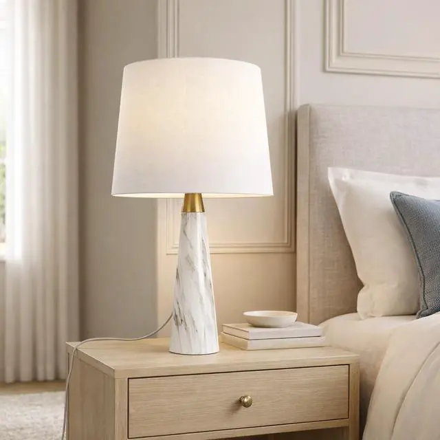 Alt view image 4 of 7 - Enclave Hydro White Table Lamp with on/Off Switch Faux Marble Base Fabric Shade