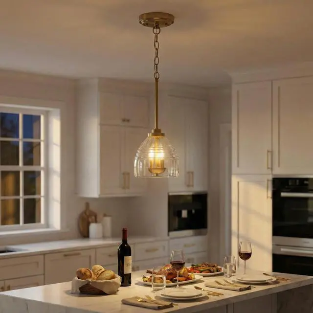 Main image of Ember Three Candle Lights Chain Pendant with Clear Glass - Satin Brass