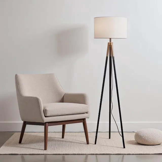 Main image of Sway Brassed Gold Floor Lamp with on/Off Switch Triple Legs White Fabric Shade