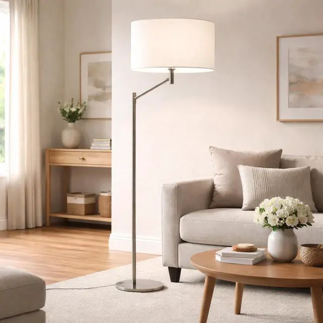 Alt view image 2 of 7 - Horizon Brushed Nickel Table Lamp with on/Off Switch Curved Metal Base Linen Shade