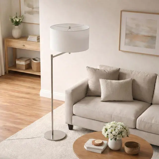 Alt view image 4 of 7 - Horizon Brushed Nickel Table Lamp with on/Off Switch Curved Metal Base Linen Shade