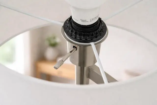Alt view image 5 of 7 - Horizon Brushed Nickel Table Lamp with on/Off Switch Curved Metal Base Linen Shade
