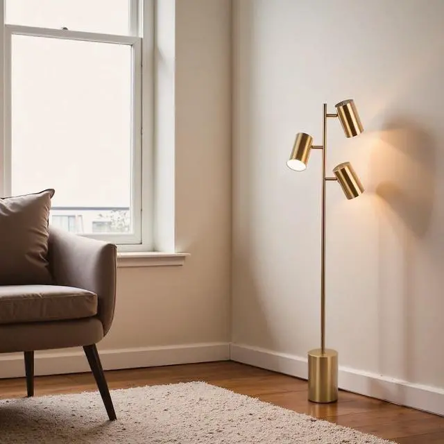 Alt view image 2 of 7 - Harmony Brassed Gold Floor Lamp with Rotary Switch Triple Spots Metal Block Base