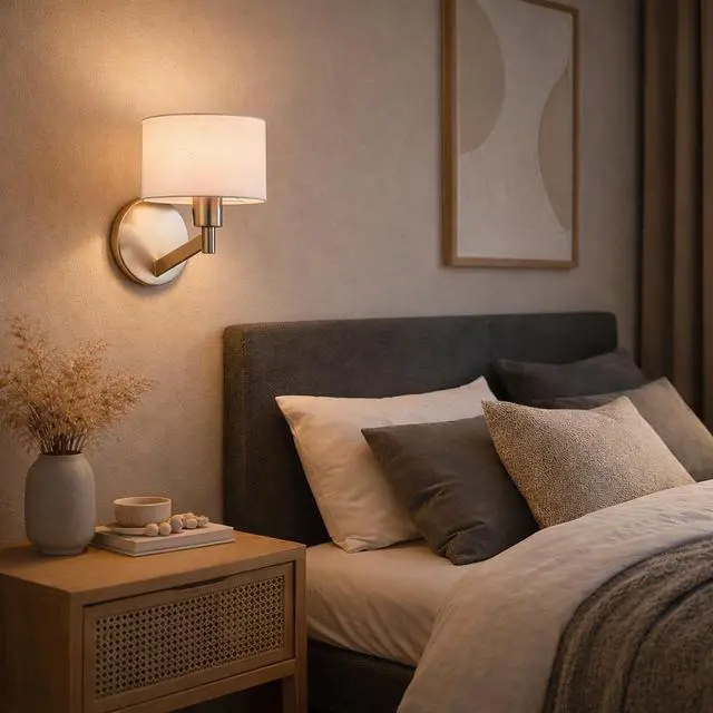 Alt view image 2 of 7 - Nebula Brushed Nickel Base Wall Lamp with Rotary Switch White Fabric Shade
