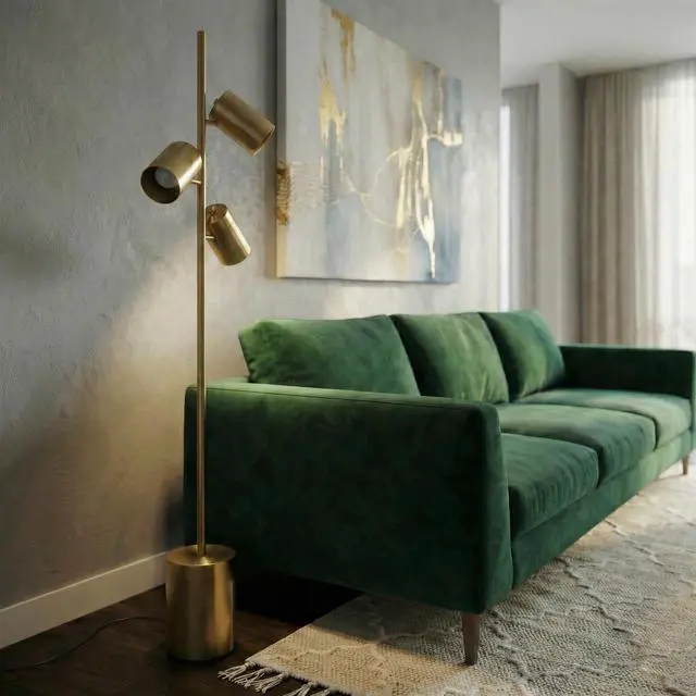 Alt view image 5 of 7 - Harmony Brassed Gold Floor Lamp with Rotary Switch Triple Spots Metal Block Base