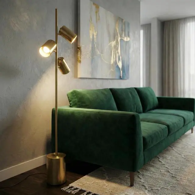 Main image of Harmony Brassed Gold Floor Lamp with Rotary Switch Triple Spots Metal Block Base