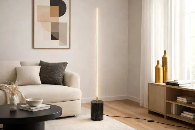 Alt view image 3 of 7 - Prism Brassed Gold Led Floor Lamp with on/Off Switch Faux Marble Base