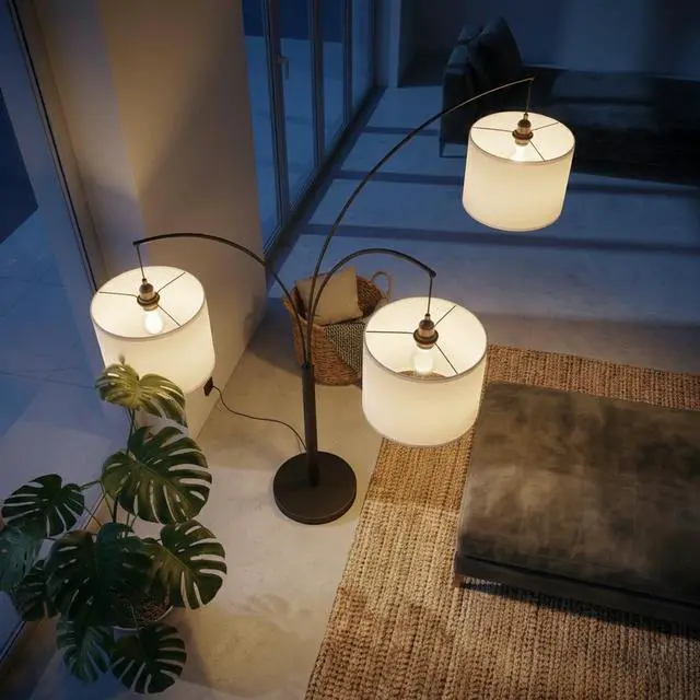 Alt view image 4 of 7 - Royal 3-Arm Metal Arc Floor Lamp, Oil Rubbed Bonze with Linen Shade, 4 Way Rotary Switch
