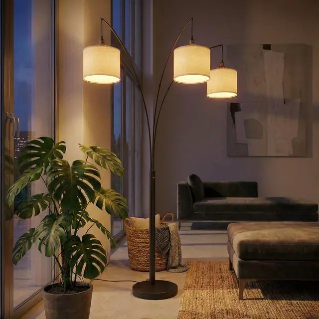 Main image of Royal 3-Arm Metal Arc Floor Lamp, Oil Rubbed Bonze with Linen Shade, 4 Way Rotary Switch