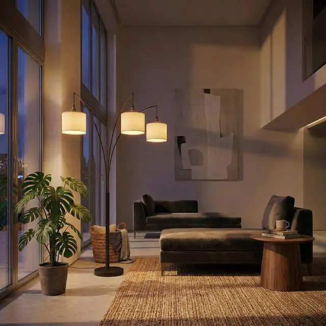 Alt view image 3 of 7 - Royal 3-Arm Metal Arc Floor Lamp, Oil Rubbed Bonze with Linen Shade, 4 Way Rotary Switch