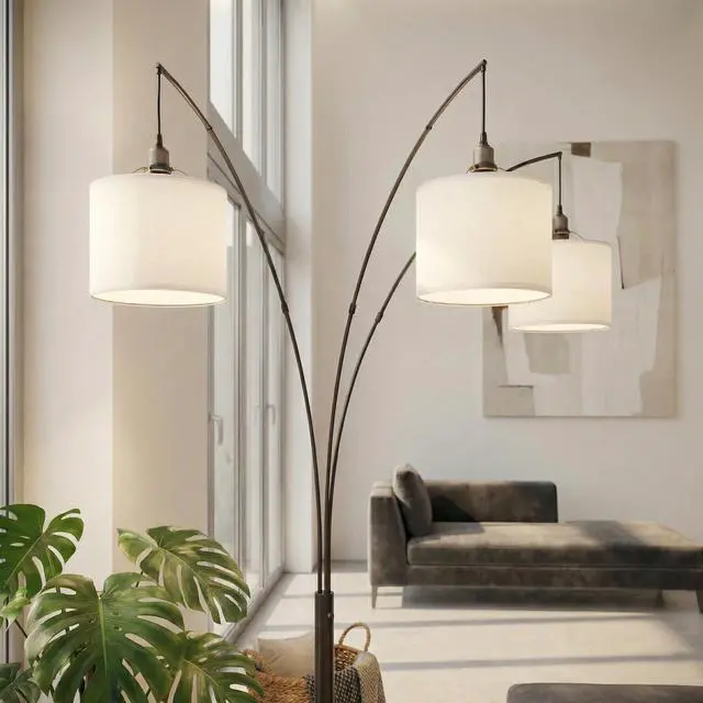 Alt view image 6 of 7 - Royal 3-Arm Metal Arc Floor Lamp, Oil Rubbed Bonze with Linen Shade, 4 Way Rotary Switch