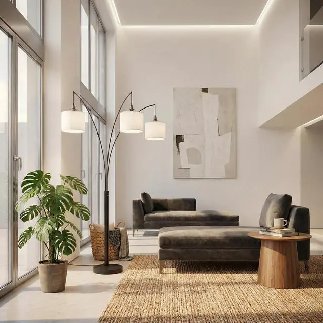 Alt view image 7 of 7 - Royal 3-Arm Metal Arc Floor Lamp, Oil Rubbed Bonze with Linen Shade, 4 Way Rotary Switch
