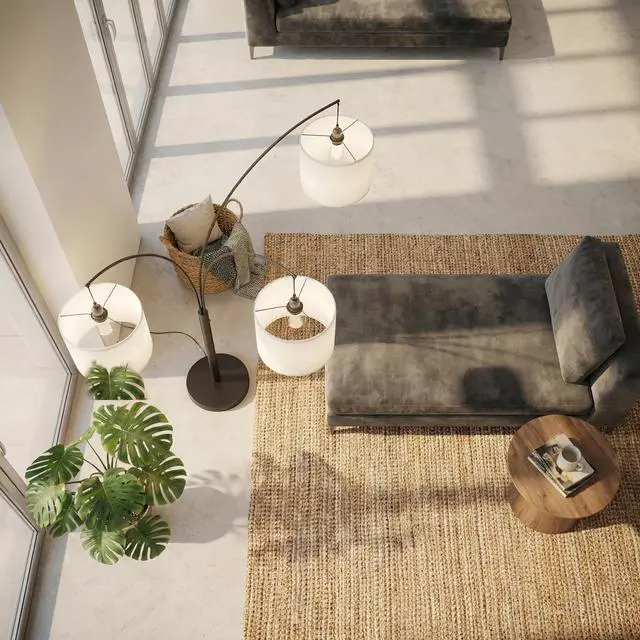 Alt view image 5 of 7 - Royal 3-Arm Metal Arc Floor Lamp, Oil Rubbed Bonze with Linen Shade, 4 Way Rotary Switch