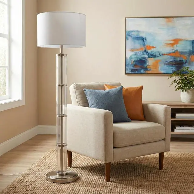 Alt view image 3 of 5 - Nimbus Brushed Nickel Floor Lamp with 3-Way Rotary Switch Clear Glass Body Metal Base