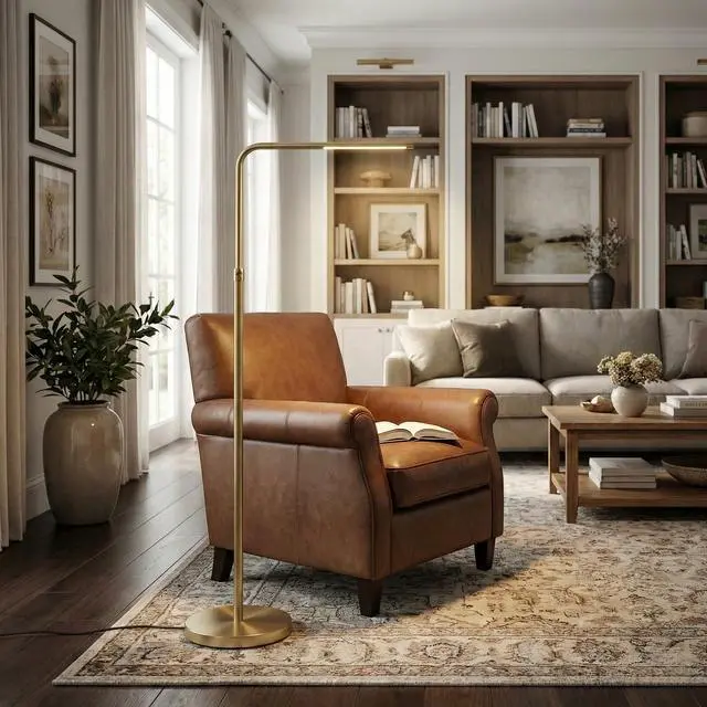 Alt view image 4 of 7 - Verve Brassed Gold Floor Lamp with on/Off Switch Adjustable Led Round Base