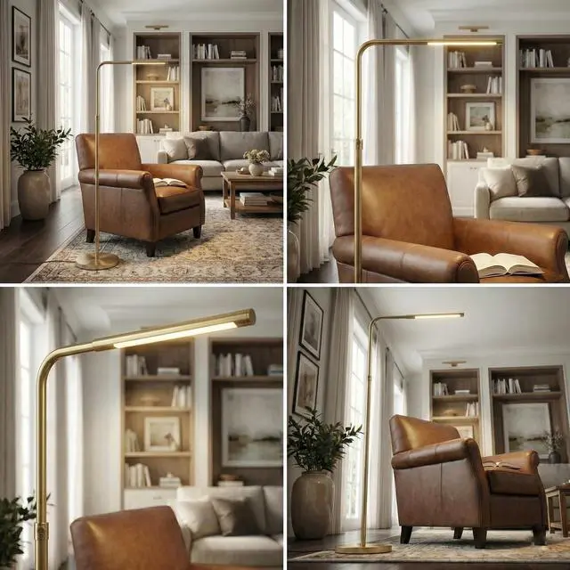 Alt view image 5 of 7 - Verve Brassed Gold Floor Lamp with on/Off Switch Adjustable Led Round Base