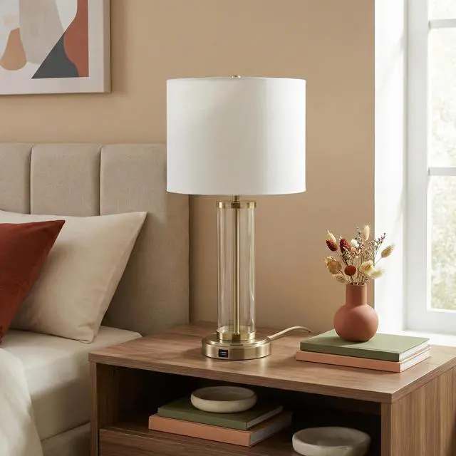Alt view image 4 of 5 - Luna Brushed Nickel Table Lamp with on/Off Switch Clear Glass Body Metal Base
